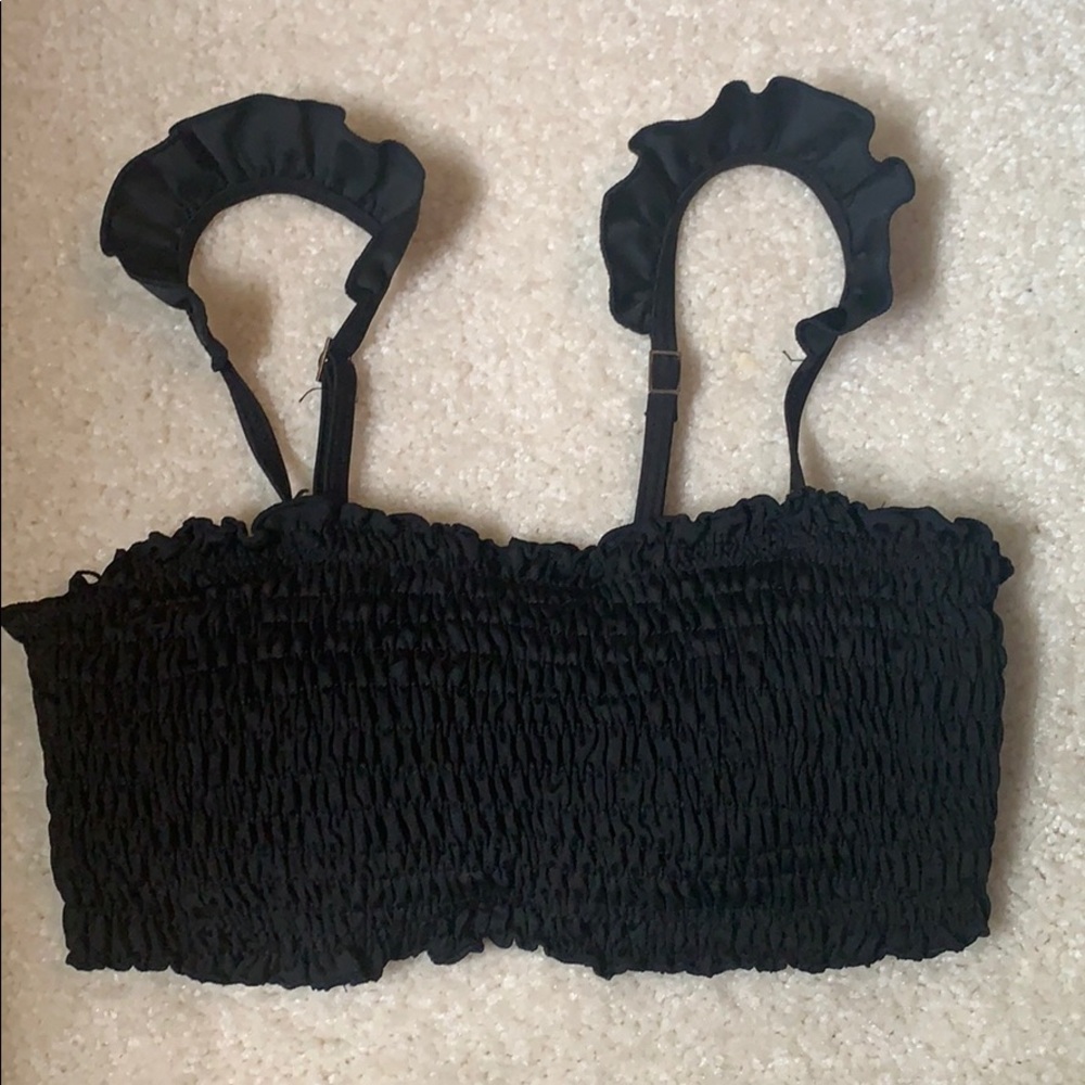 black bathing suit top, ruffled straps